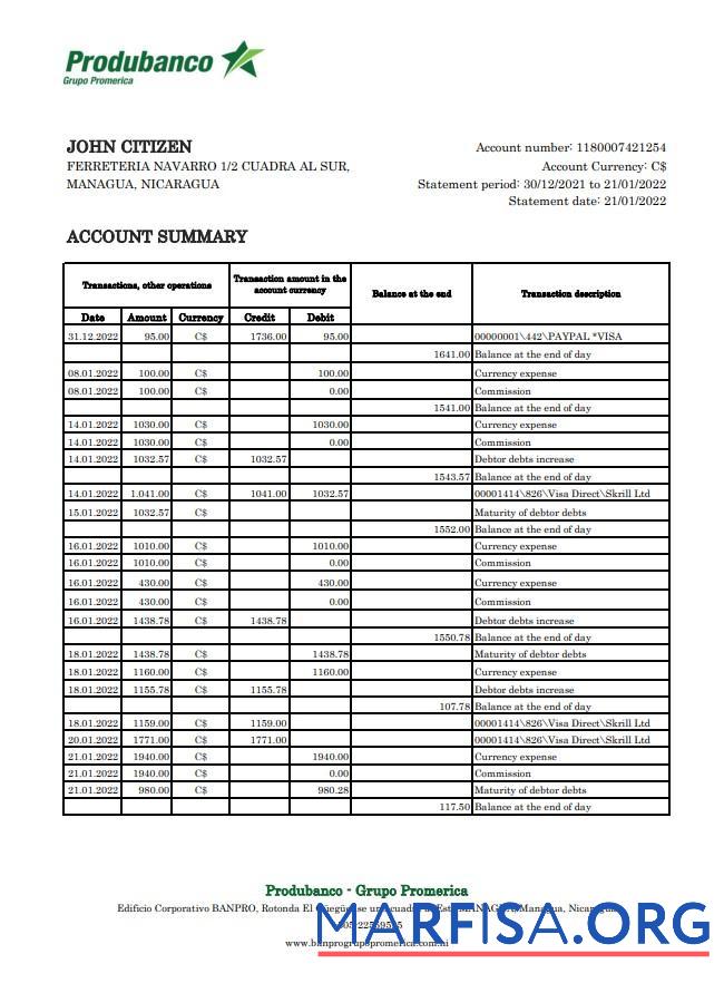 Printable Nicaragua Banco de la Producción bank statement excel example